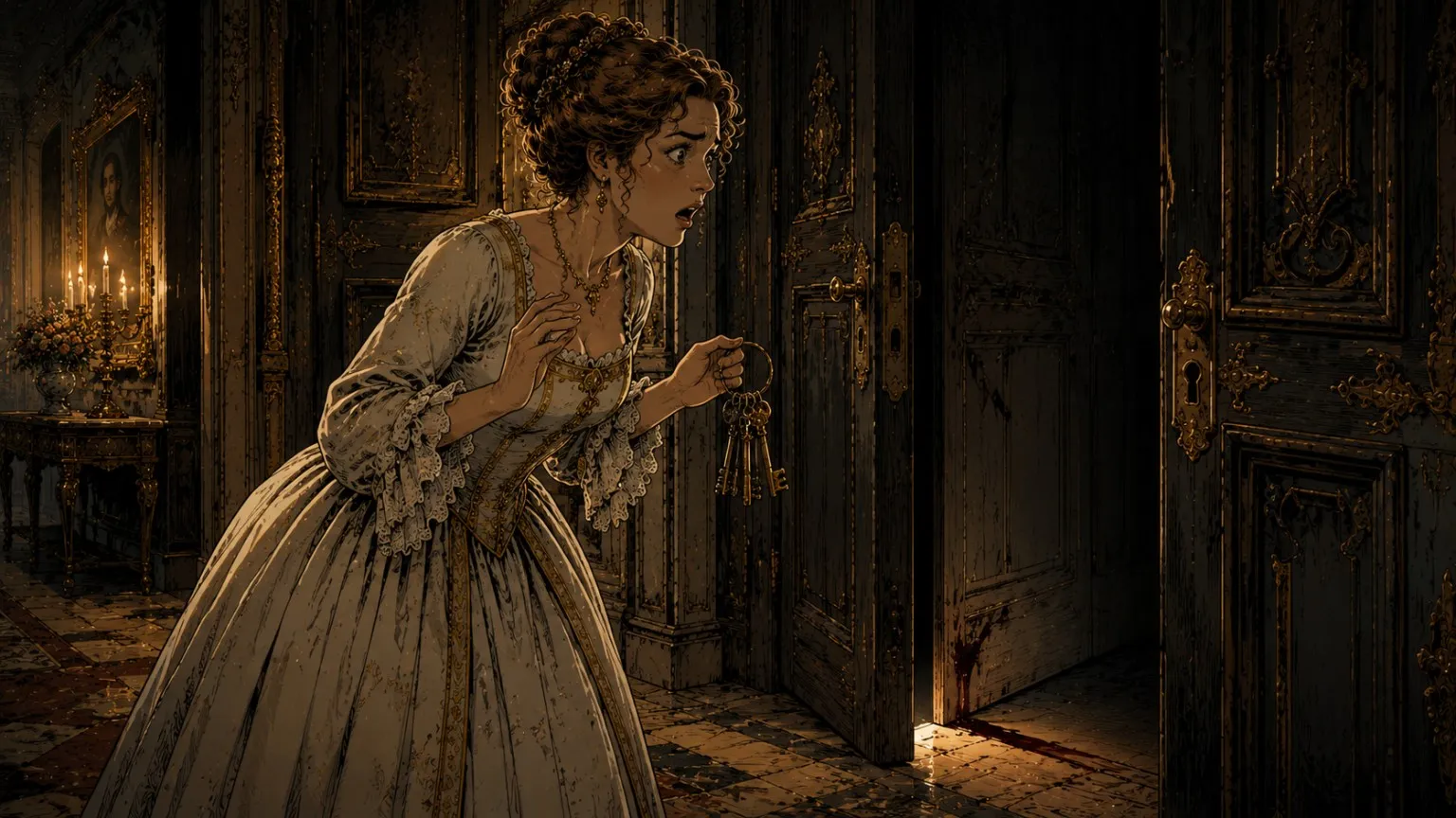La femme de la Barbe bleue, un trousseau de clefs à la main, ouvre en tremblant la porte du petit cabinet défendu