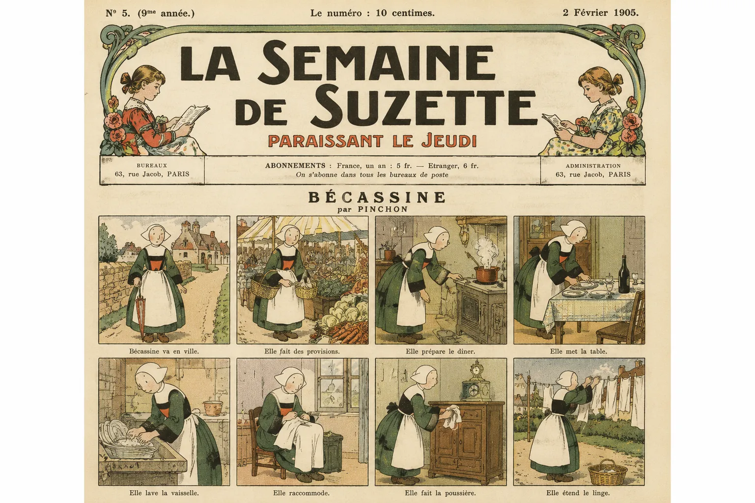 Illustration générée par intelligence artificielle imitant une couverture de La Semaine de Suzette de 1905 : bandeau Art nouveau encadré de deux fillettes lisant, et huit vignettes montrant une jeune domestique bretonne en coiffe et tablier blancs accomplissant les tâches du quotidien.