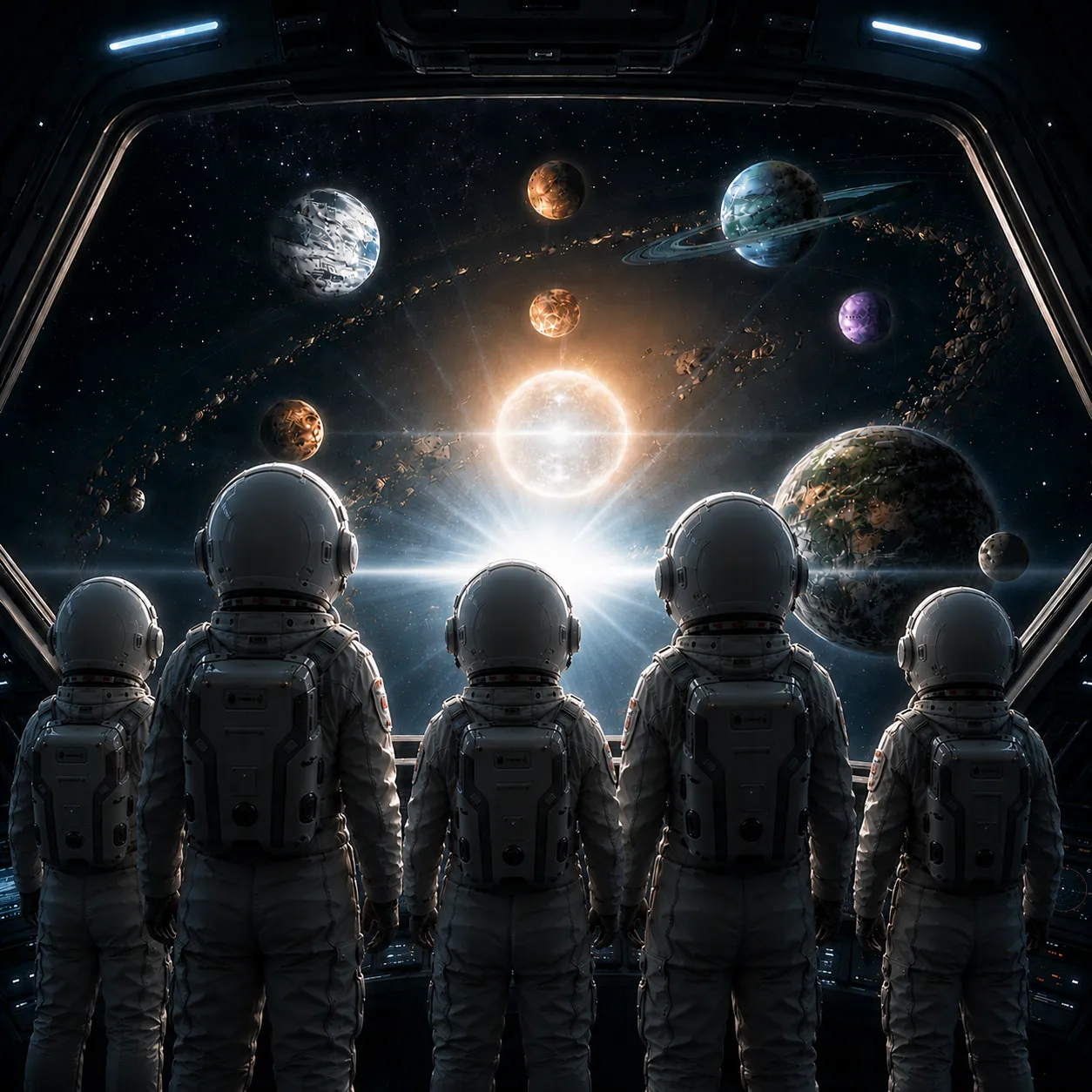 Équipage en combinaison spatiale observant un système planétaire