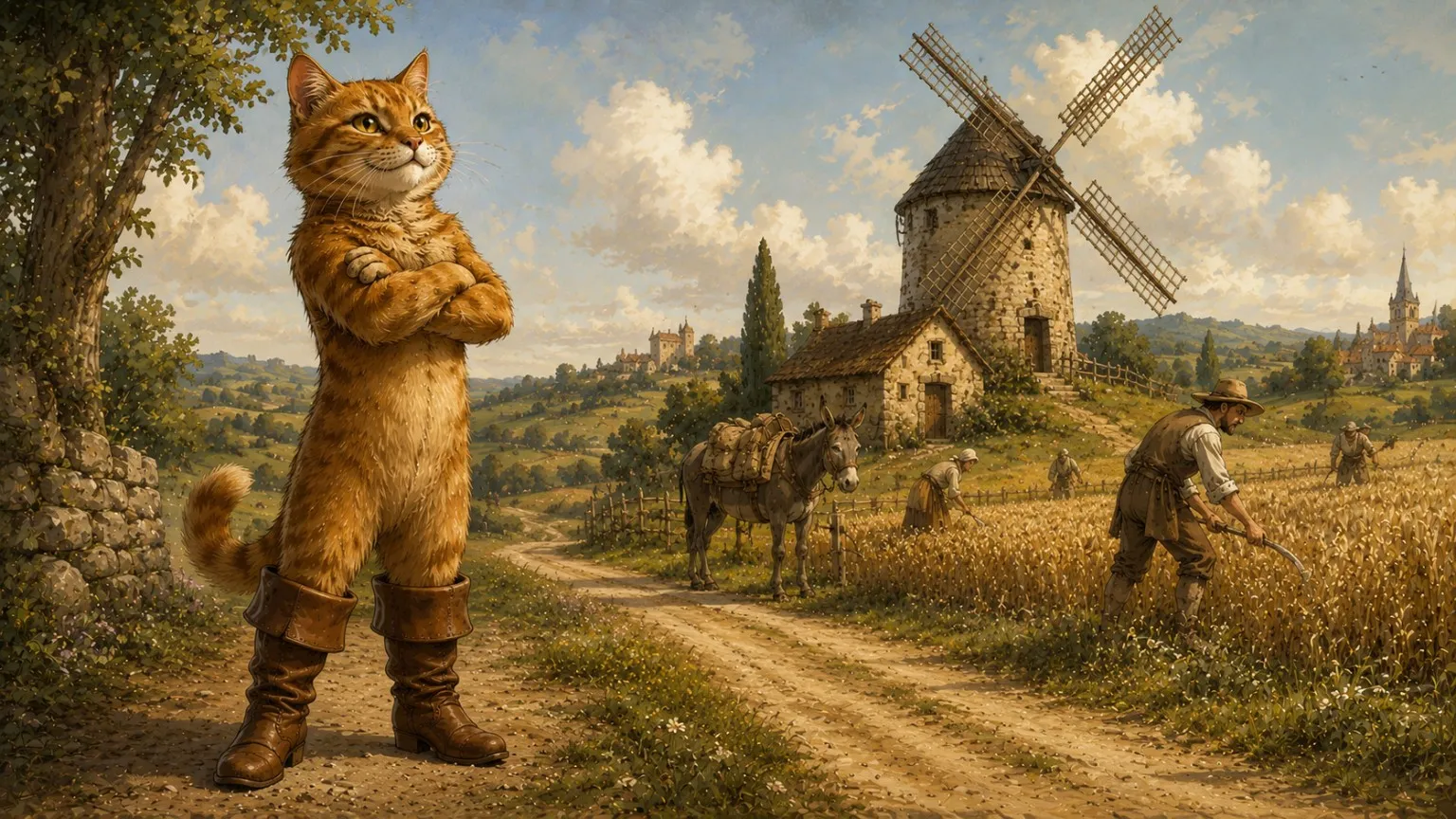Le Chat botté, les bras croisés et chaussé de grandes bottes, sur le chemin qui mène au moulin, près de l’âne du partage et des faucheurs dans les blés