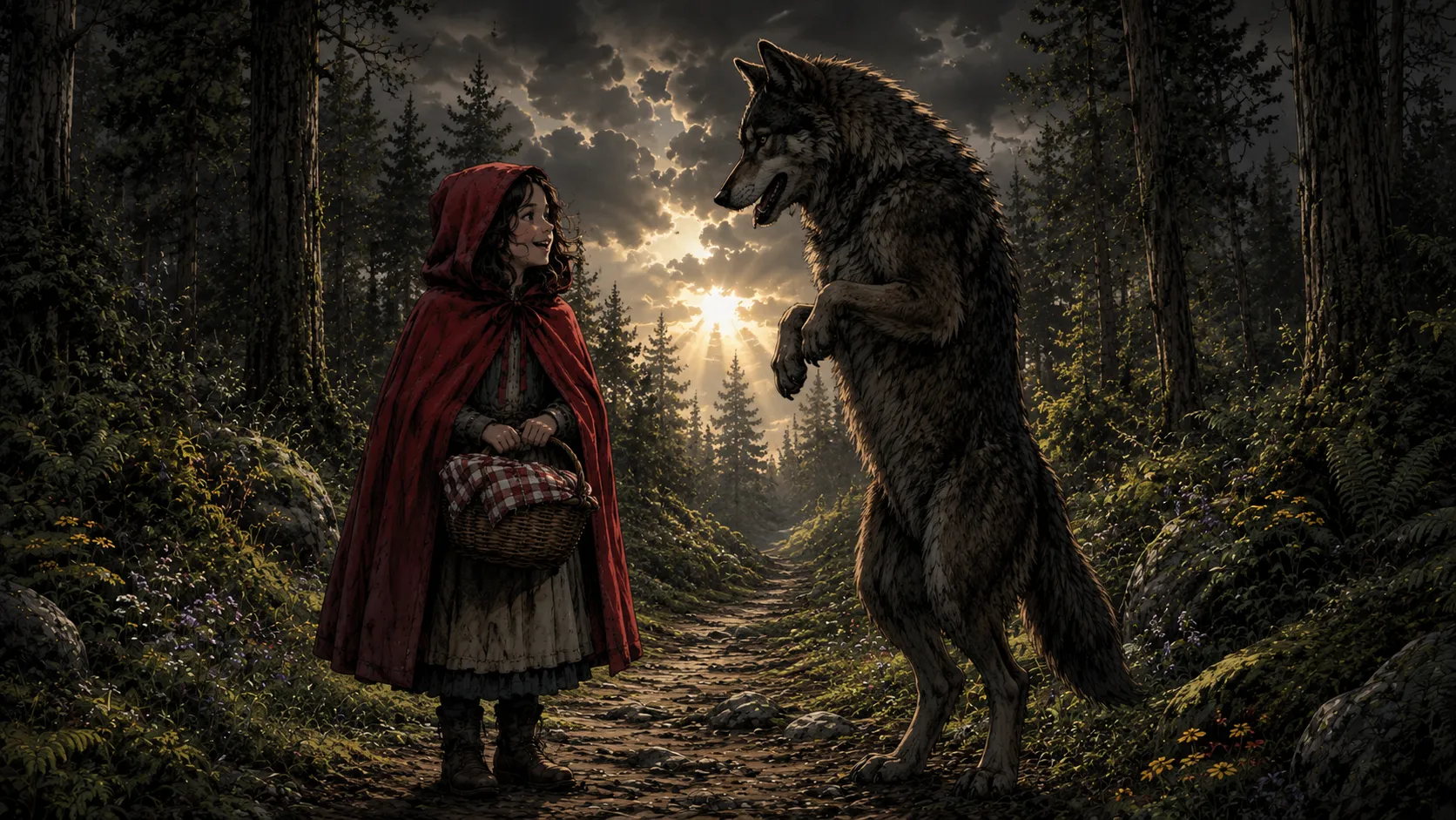 Le Petit Chaperon rouge face au Loup, sur un sentier de forêt