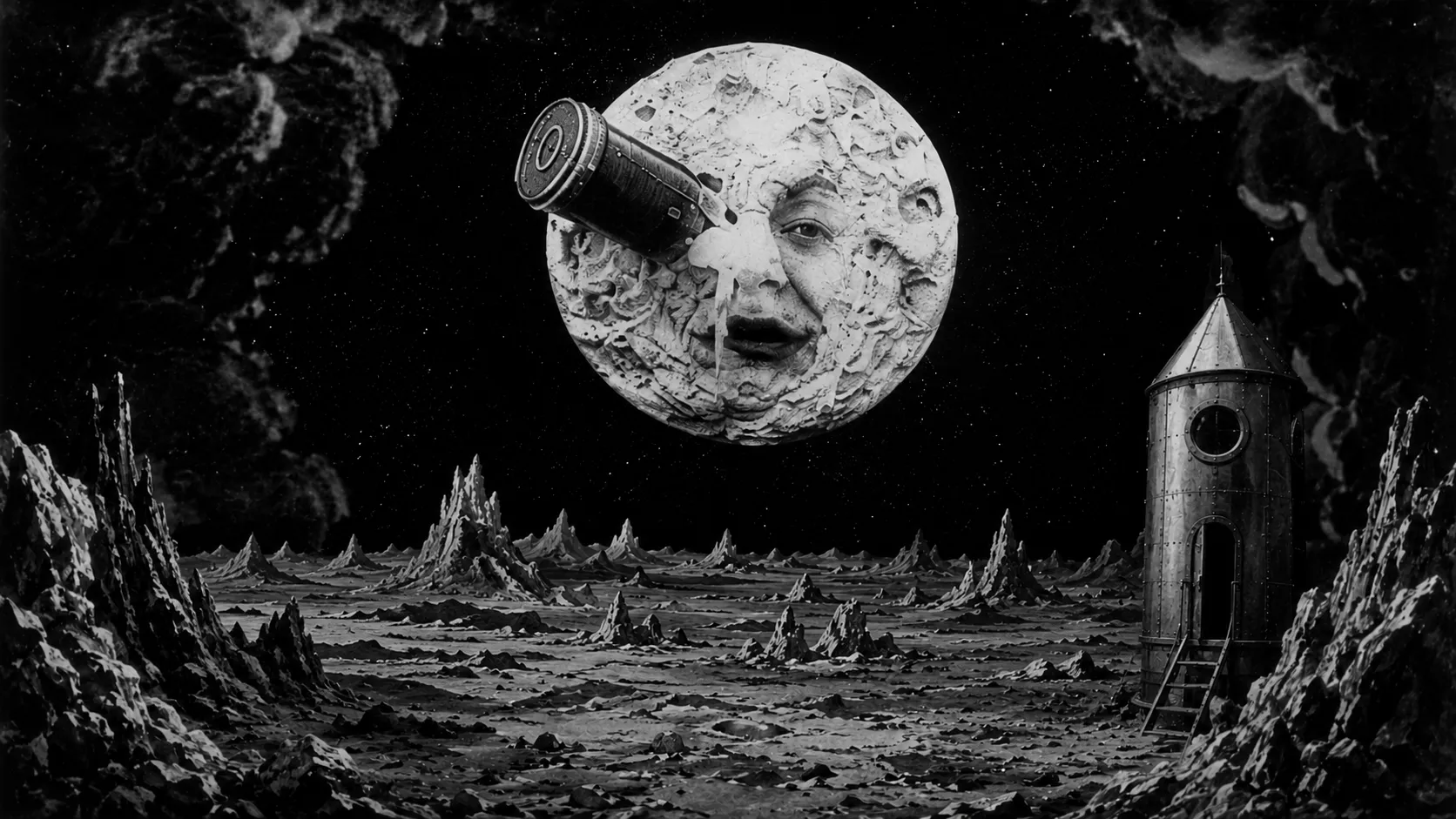 Illustration générée par intelligence artificielle évoquant Le Voyage dans la Lune de Georges Méliès : un paysage lunaire hérissé de pics rocheux, l'obus posé à droite, et au fond la Lune personnifiée recevant le projectile dans l'œil.
