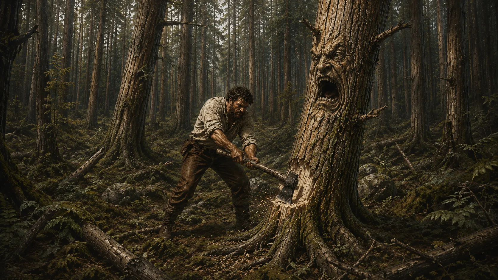 Dans une forêt sombre de très hauts conifères, un bûcheron barbu en chemise claire et pantalon de cuir frappe à la hache le pied d’un arbre immense&nbsp;; l’écorce de cet arbre dessine un visage qui hurle, les yeux plissés de colère et la bouche grande ouverte. Des éclats de bois clair jaillissent de l’entaille