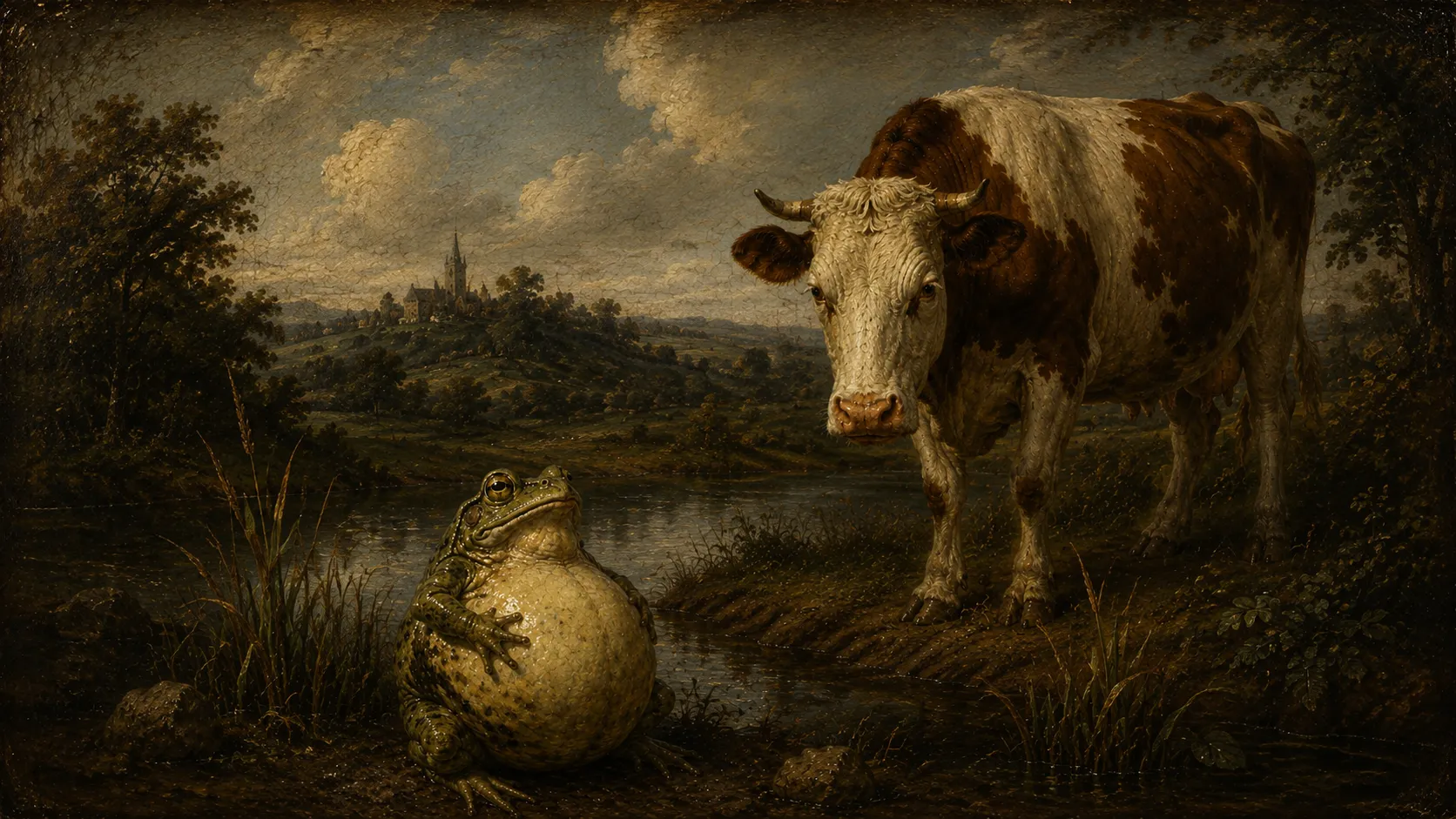 Peinture ancienne&nbsp;: au bord d’un étang, une grenouille verte assise sur la berge a le ventre gonflé en une énorme boule pâle, presque aussi large que tout son corps&nbsp;; elle lève la tête vers un bœuf brun et blanc, bien plus grand qu’elle, qui la regarde depuis la rive d’en face. Au fond, une colline boisée portant un village et un clocher, sous un ciel de gros nuages clairs