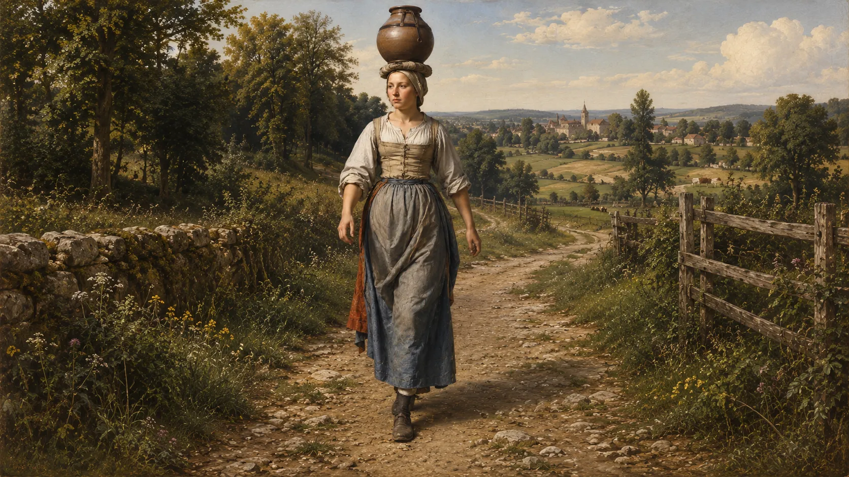 Sur un chemin de campagne, une jeune laitière en jupe simple et souliers plats marche à grands pas, un pot au lait posé sur un coussinet au sommet de sa tête&nbsp;; elle regarde au loin, l’esprit ailleurs, vers les toits du village où elle se rend