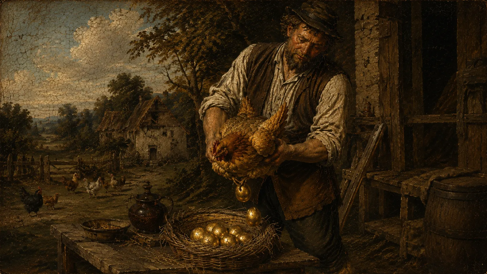 Peinture ancienne au craquelé&nbsp;: devant une ferme, un paysan barbu coiffé d’un chapeau sombre, chemise blanche aux manches retroussées et gilet de cuir, tient à deux mains une poule rousse au-dessus d’un panier d’osier. Deux œufs d’or tombent de la poule vers le panier, où une dizaine d’autres œufs dorés brillent déjà dans la paille. L’homme les regarde d’un air dur et absorbé. À l’arrière-plan, une basse-cour avec d’autres poules, une maisonnette au toit de chaume et un ciel de gros nuages clairs
