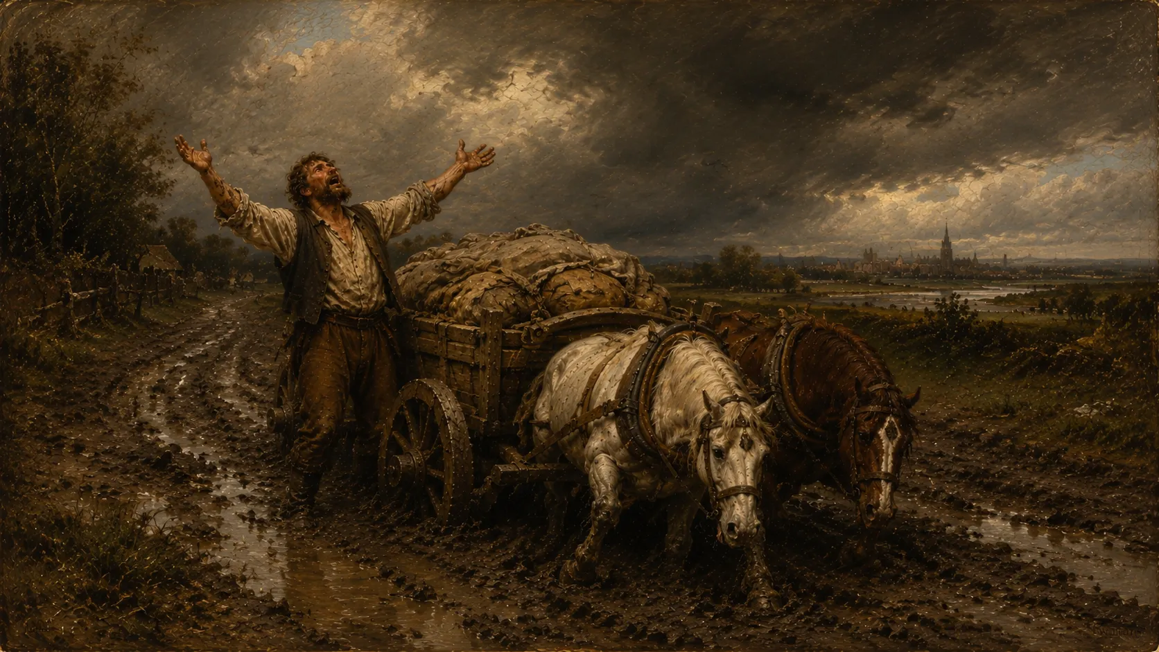 Peinture ancienne au craquelé&nbsp;: sur un chemin de terre défoncé et noyé de boue, un charretier en chemise blanche aux manches retroussées et gilet sombre se tient debout à côté de sa charrette, les deux bras levés vers le ciel et le visage tourné vers le haut, la bouche ouverte comme s’il criait. La charrette de bois, chargée de gros ballots de foin sanglés, est enfoncée jusqu’au moyeu&nbsp;; deux chevaux de trait, un blanc et un bai, tirent devant lui, les sabots dans les ornières pleines d’eau. Au loin, une ville et son clocher sous un ciel de gros nuages d’orage