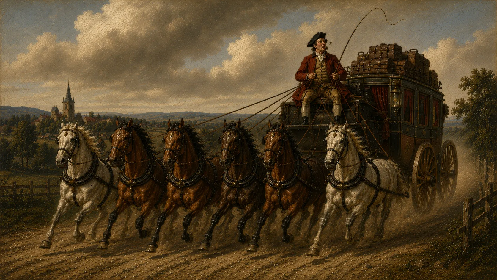 Peinture&nbsp;: sur un chemin de terre poussiéreux, un attelage de six chevaux, deux blancs et quatre bais, tire au galop un lourd coche noir et rouge chargé de malles sur son toit. Le cocher, en habit rouge, gilet clair et tricorne noir, est assis tout en haut&nbsp;; il tient les rênes d’une main et un long fouet de l’autre, la bouche ouverte, le regard tourné vers une petite mouche noire qui vole tout près de son visage. Au loin, un clocher et une campagne vallonnée sous un ciel de gros nuages