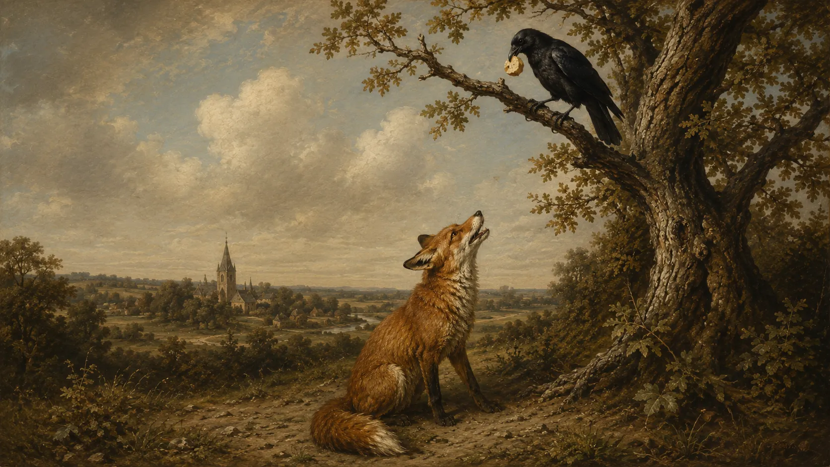 Le Renard, assis au pied d’un chêne, lève la tête vers le Corbeau qui tient un fromage dans son bec