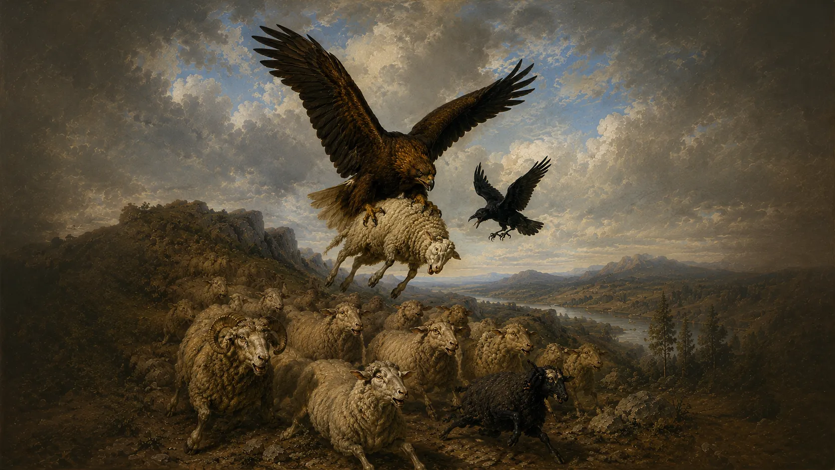 Peinture&nbsp;: au-dessus d’un troupeau de moutons qui s’enfuient sur une lande rocheuse, un aigle aux grandes ailes déployées emporte un mouton serré entre ses serres&nbsp;; à sa droite, un corbeau noir vole vers lui, le bec ouvert et les pattes tendues, comme s’il voulait en faire autant. Au fond, une vallée et une rivière sous un ciel de gros nuages