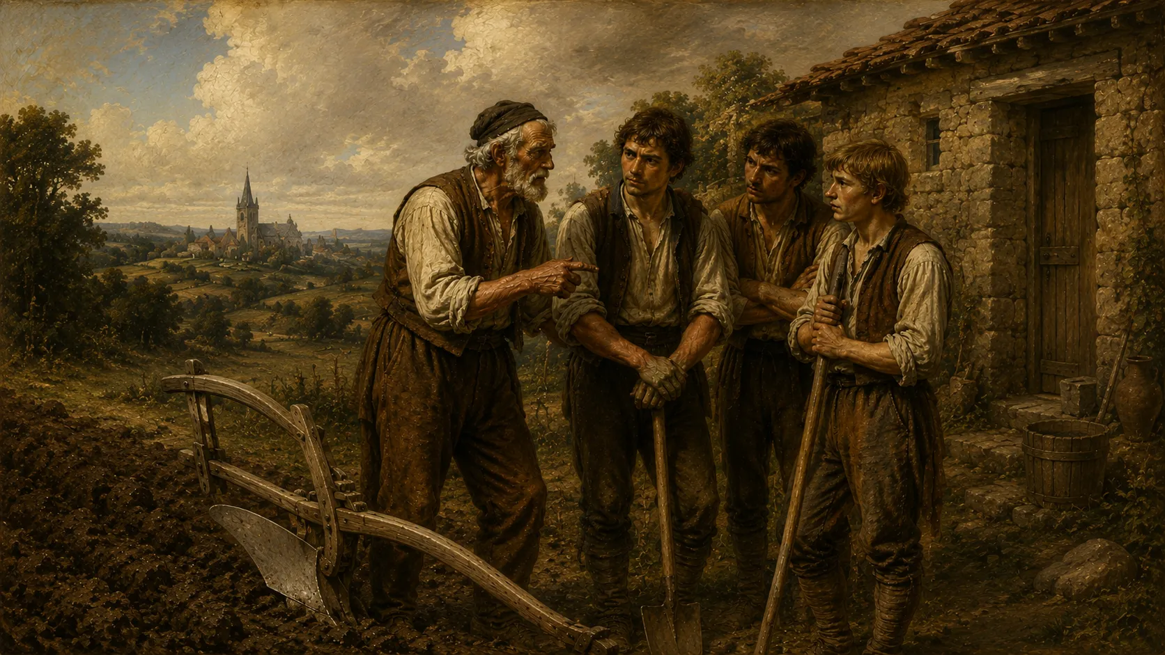 Peinture&nbsp;: devant une maison de pierre au toit de tuiles, un vieux paysan à barbe blanche et bonnet sombre tend le bras et pointe le doigt vers la terre en parlant à trois jeunes hommes qui l’écoutent sans bouger, appuyés sur des bêches et une pioche. Au premier plan à gauche, une vieille charrue de bois posée sur un champ fraîchement retourné. Au fond, une vallée verte avec un village et le clocher d’une église, sous un ciel de gros nuages blancs