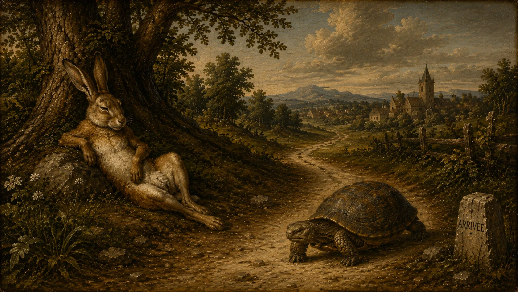 La Tortue avance sur le chemin de la course pendant que le Lièvre, sûr de lui, s’attarde en route