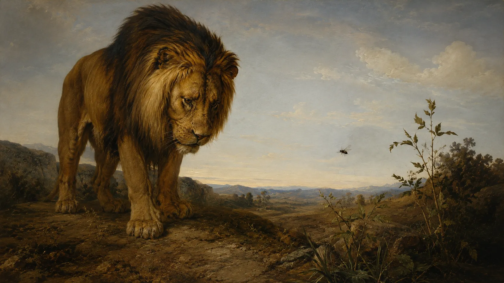 Peinture&nbsp;: dans un vaste paysage de collines au soleil couchant, un lion à l’épaisse crinière sombre avance sur un chemin pierreux, la tête basse et les sourcils froncés&nbsp;; à sa droite, très petit dans le ciel, un moucheron aux ailes déployées vole à hauteur de son museau, près d’une maigre tige de feuillage