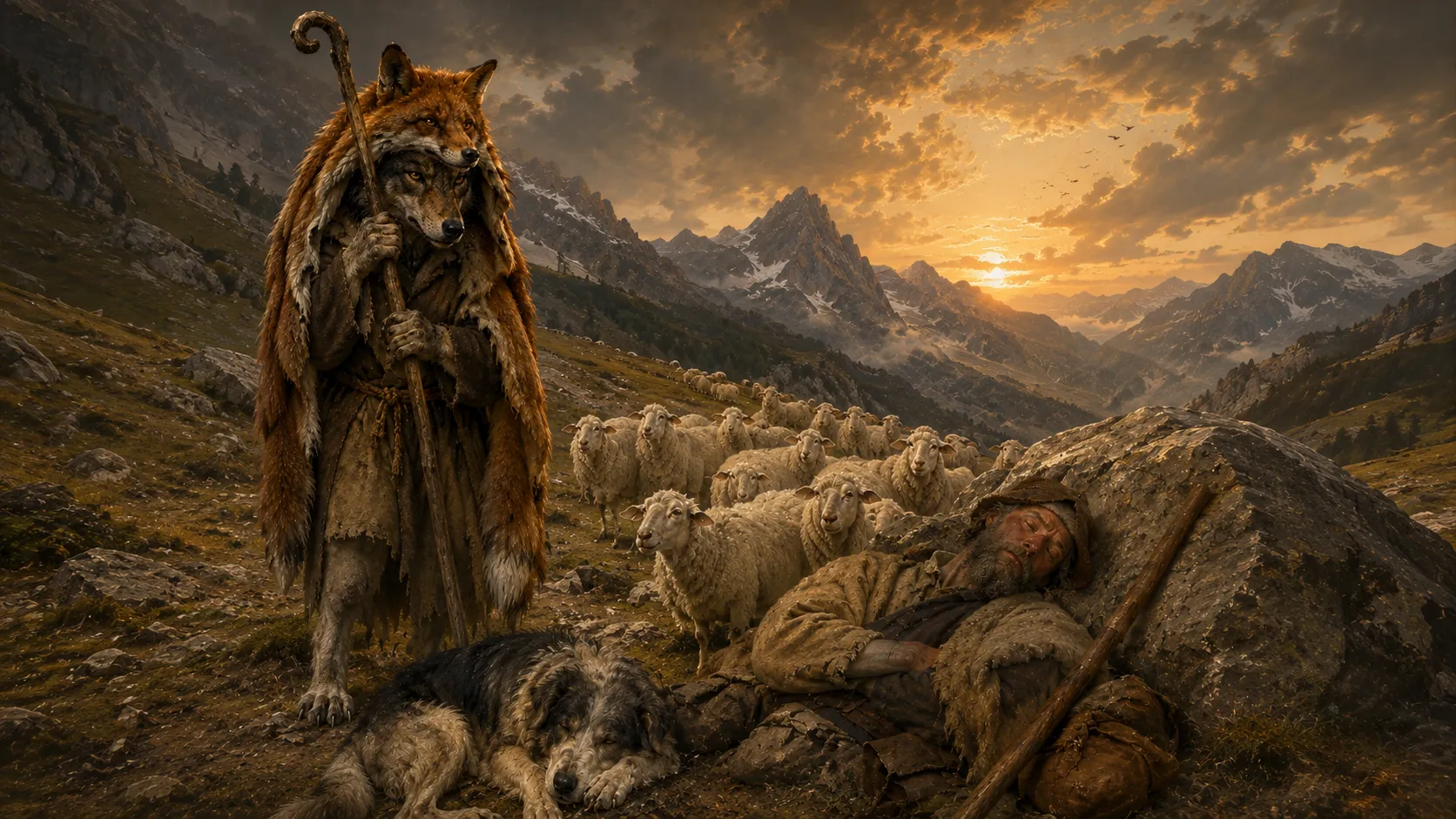 Peinture&nbsp;: un loup dressé sur ses pattes arrière, vêtu d’une longue robe de berger usée et coiffé d’une dépouille de renard dont la tête et la queue rousses retombent sur ses épaules, tient une haute houlette entre ses pattes de devant. Derrière lui, un troupeau de brebis blanches gravit un versant de montagne. À droite, le vrai berger dort adossé à un rocher, son bâton posé contre lui&nbsp;; au premier plan, son chien noir et blanc dort aussi, la tête sur les pattes. Au fond, des sommets enneigés sous un ciel de coucher de soleil doré