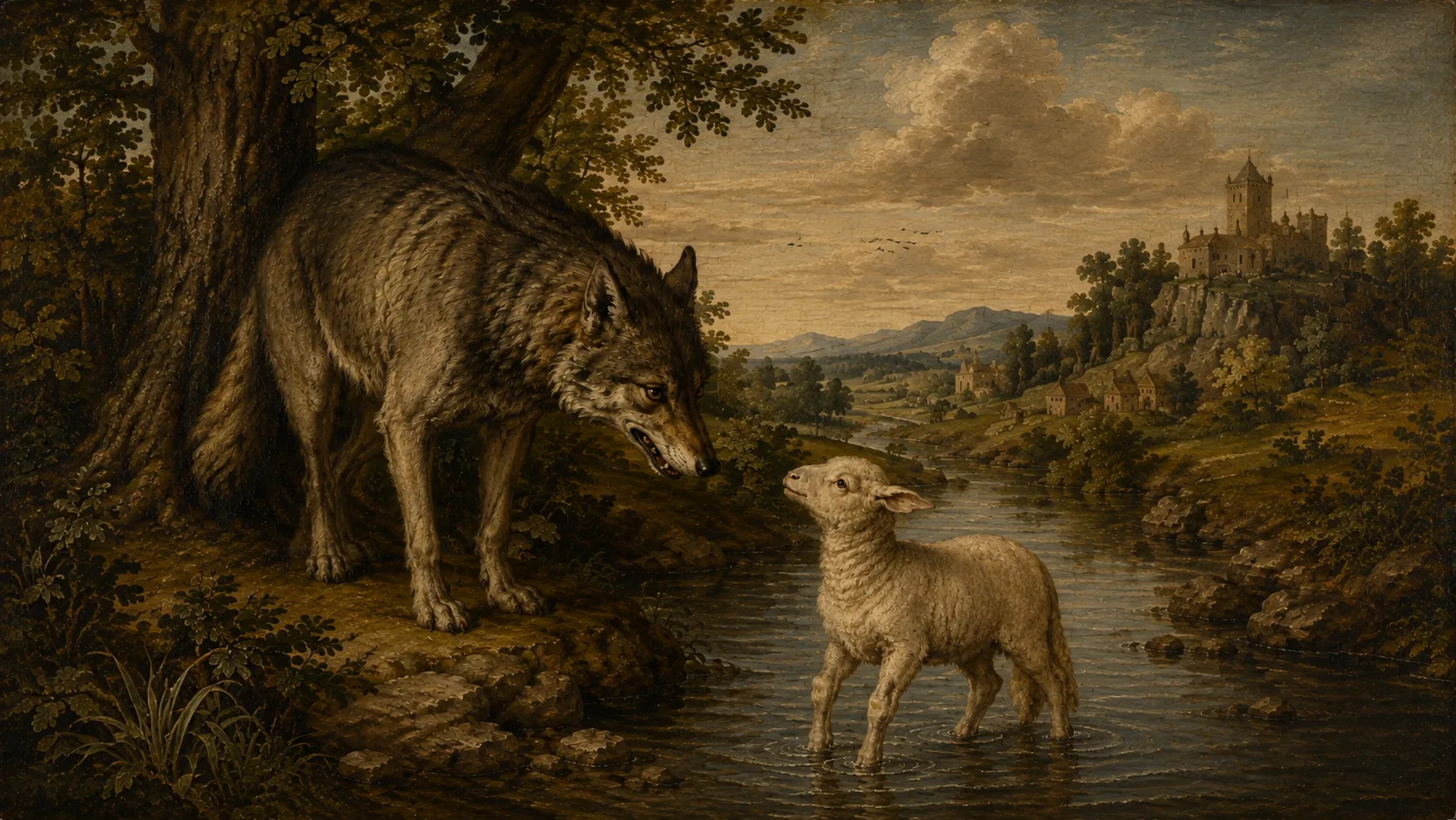 Le Loup penche au bord de l’eau devant l’Agneau, au pied d’un grand arbre