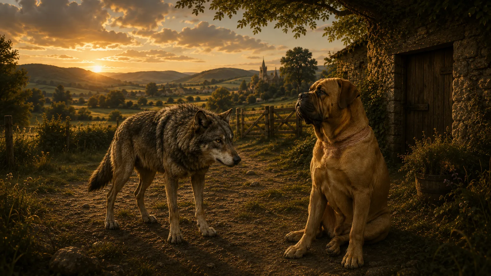 Au soleil couchant, devant une ferme de pierre, un loup maigre au pelage gris fait face à un gros chien fauve assis, bien nourri, qui porte autour du cou une trace claire laissée par son collier&nbsp;; au loin, des collines, un village et son clocher