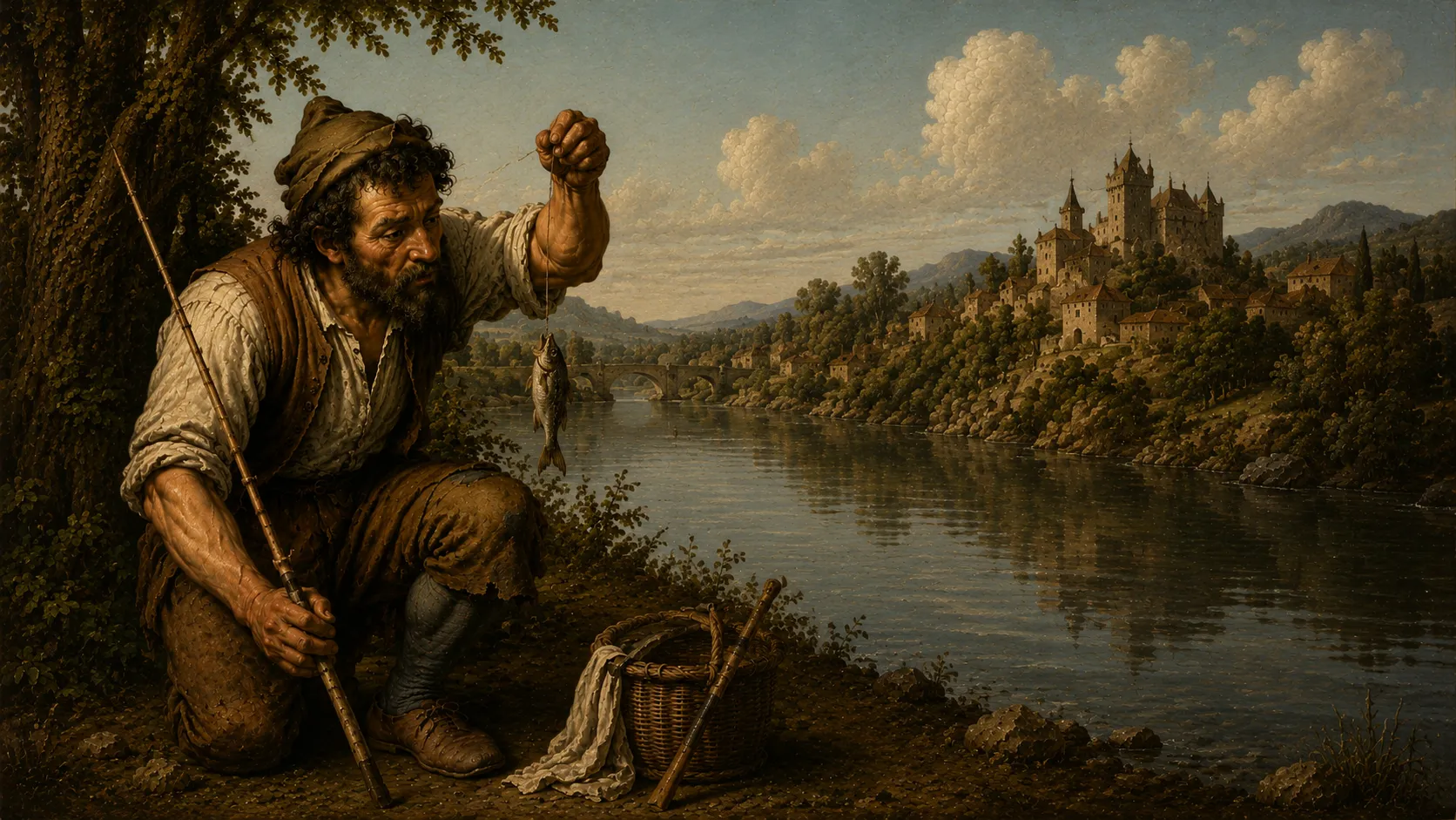 Au bord d’une rivière, un pêcheur agenouillé tient au bout de sa ligne un tout petit poisson qu’il regarde de près&nbsp;; sa gaule, son panier d’osier et un linge blanc sont posés à côté de lui, un village fortifié se devine sur l’autre rive