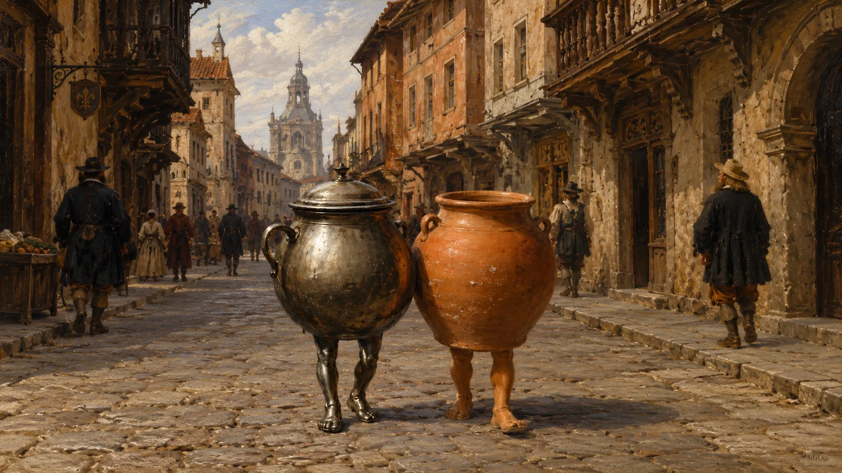 Peinture&nbsp;: dans la rue pavee d’une ville ancienne, bordee de hautes maisons de pierre a balcons de bois, un pot de fer sombre et luisant, coiffe de son couvercle, et un pot de terre orange marchent cote a cote sur des jambes humaines nues, pieds nus sur les paves. Autour d’eux, des passants en habits du XVIIe siecle, chapeaux a larges bords et longs manteaux, vont a leurs affaires sans les regarder. Au fond de la rue se dresse le clocher d’une eglise, sous un ciel de gros nuages blancs