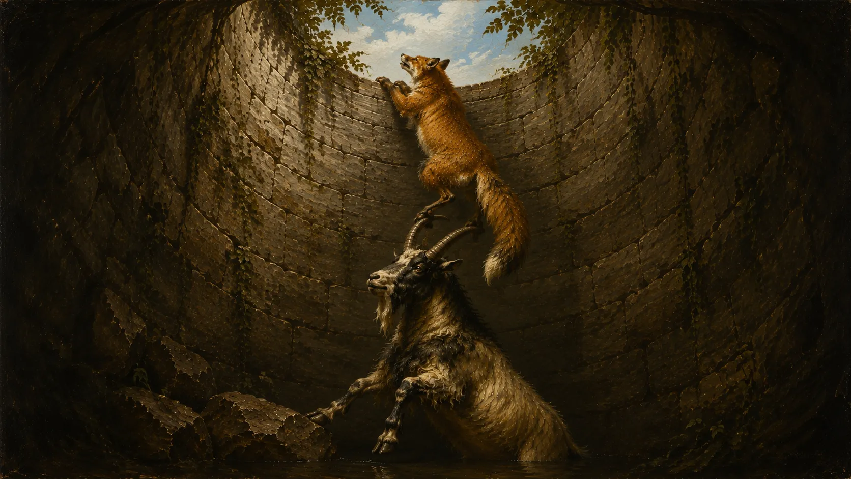 Peinture&nbsp;: au fond d’un puits de pierre circulaire, dont la margelle laisse voir tout en haut un morceau de ciel bleu et des feuillages, un renard roux se dresse debout, les pattes avant appuyées contre le mur et le museau levé vers l’ouverture. Il prend appui de ses pattes arrière sur les longues cornes recourbées d’un bouc gris et noir à longue barbe, dressé sous lui contre la paroi, les sabots dans l’eau sombre du fond. Les pierres suintantes sont couvertes de lierre