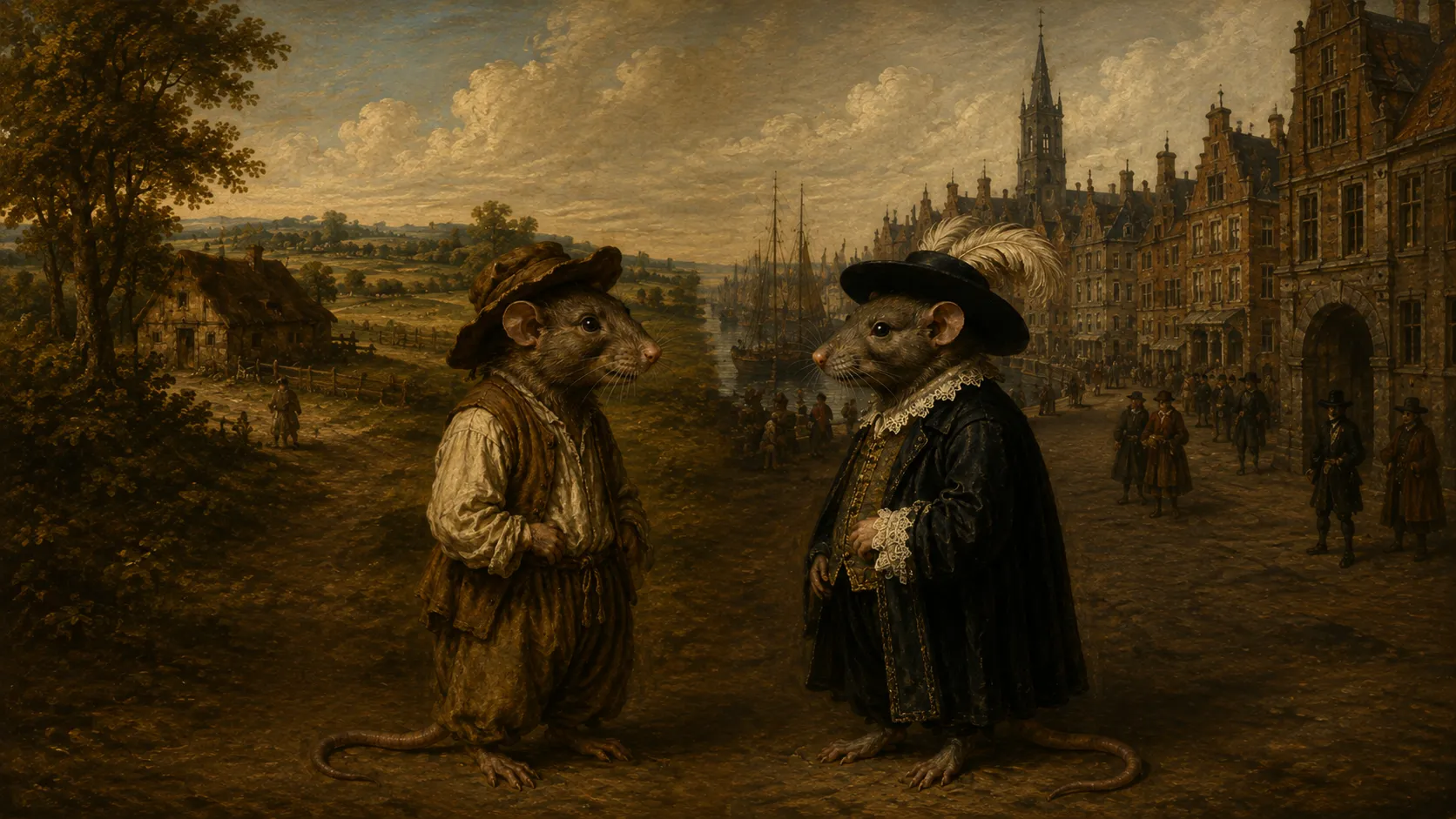 Peinture&nbsp;: sur un chemin de terre, deux rats habillés comme des hommes se tiennent debout face à face et se regardent, la queue posée au sol. À gauche, le Rat des champs porte un chapeau brun cabossé, une chemise blanche aux manches amples, un gilet brun effiloché et une culotte bouffante serrée à la taille par une cordelette&nbsp;; derrière lui s’étendent la campagne, une chaumière, une barrière de bois, des arbres et des collines. À droite, le Rat de ville porte un chapeau noir à large bord orné d’une grande plume blanche, une collerette et des manchettes de dentelle, un pourpoint brodé d’or et un long manteau noir&nbsp;; derrière lui se dresse une ville aux maisons de brique à pignons, avec un clocher pointu, un canal où sont amarrés des voiliers et des passants en manteaux et chapeaux