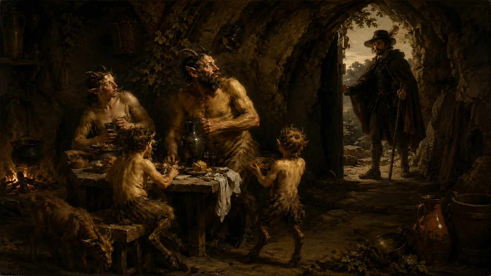 Peinture en clair-obscur&nbsp;: au fond d’une grotte sombre aux parois de roche envahies de lierre, une famille de satyres aux cornes recourbées, aux oreilles pointues et aux pattes de bouc est attablée devant des écuelles, du pain et un pichet de métal. Le Satyre, barbu et torse nu, et sa femme, qui tient un gobelet, tournent la tête vers l’entrée&nbsp;; un de leurs petits, assis sur le banc, se sert à table, l’autre se tient debout, son écuelle entre les mains. À droite, sur le seuil d’une ouverture voûtée qui donne sur la campagne, un voyageur en chapeau à plume et longue cape sombre, un bâton à la main, a posé l’autre main sur la porte ouverte. Au premier plan, une chèvre baisse la tête