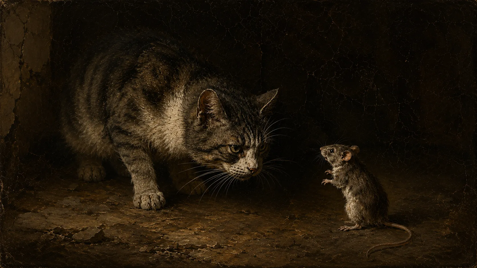 Peinture ancienne au craquelé&nbsp;: dans une pièce sombre au sol fendillé, un gros chat tigré gris et brun, au poitrail et aux pattes clairs, se tient ramassé, la tête baissée à hauteur d’une petite souris qu’il fixe du regard, une patte avant avancée. Face à lui, la souris grise, dressée sur ses pattes arrière, lève les pattes avant vers le chat et le regarde, sa longue queue recourbée sur le sol