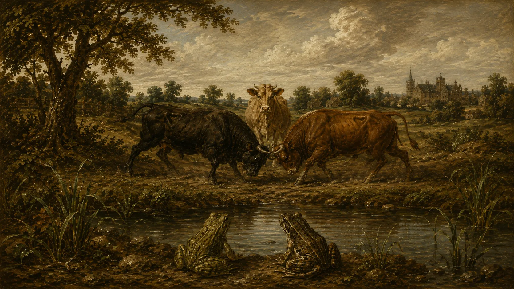 Peinture&nbsp;: dans une campagne sous un ciel chargé de nuages, deux taureaux s’affrontent front contre front, cornes mêlées, l’un noir, l’autre brun-roux, tandis qu’une génisse au pelage clair les regarde, immobile, juste derrière eux. Au premier plan, au bord d’une mare bordée de roseaux, deux grenouilles tachetées, assises sur la rive boueuse, observent le combat. À gauche se dresse un grand arbre&nbsp;; au loin, un village dominé par un clocher