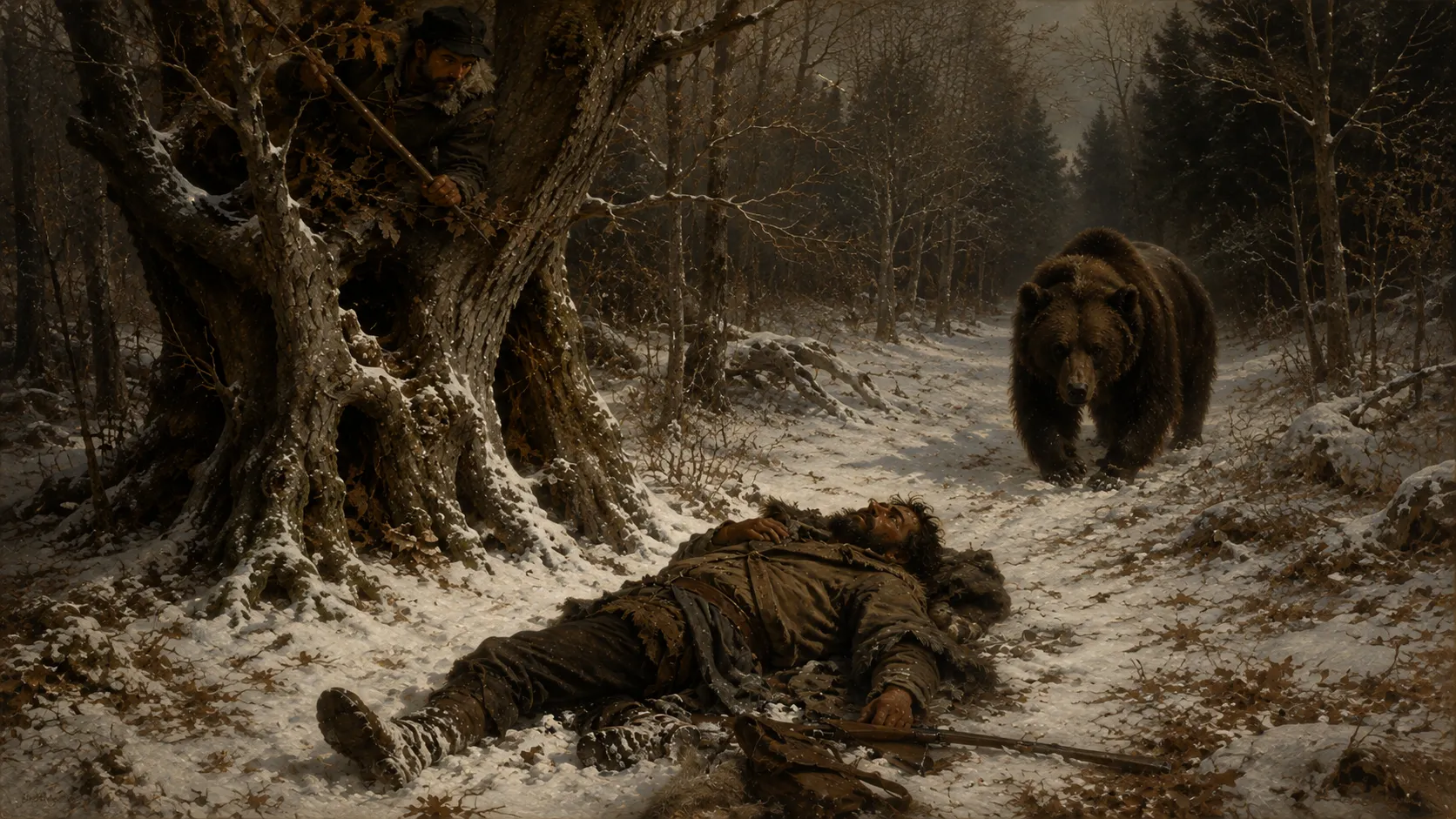 Peinture&nbsp;: dans une forêt enneigée, à la lumière d’un jour sombre d’hiver, un homme barbu coiffé d’une casquette sombre, au manteau à col de fourrure, s’est réfugié dans la fourche d’un vieux chêne noueux, à gauche. Au premier plan, son compagnon, barbu lui aussi et vêtu de vêtements de peau usés, est étendu sur le dos dans la neige, les yeux ouverts, une main sur la poitrine et l’autre posée sur un fusil couché à côté de lui. À droite, sur le chemin, un grand ours brun s’avance vers lui